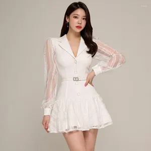 Casual Dresses 2023 Autumn Korean Style Elegant Suit Collar Slim-Fitting Patchwork Lace Narrow Hem Dress Fashion For Women