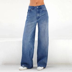 Kvinnors jeans blixtlås med höga byxor i midjan solida byxor fickben bred casual