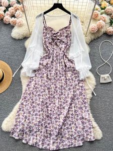 Vestidos de trabalho YuooMuoo Mulheres Conjunto de vestido de duas peças Férias Moda Floral Impressão Spaghetti Strap Longo Manga Completa Casaco Xale Branco