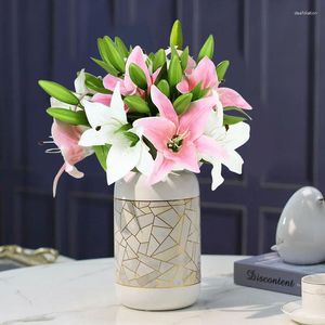 Decorative Flowers 5Pcs White Lily Artificial 38cm Bouquet Fake Plant Party Wedding Bridal Living Room Home Garen Decoration Real Touch