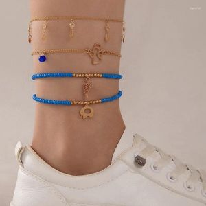 Anklets Cute Elephant Leaf Pendant Anklet Set For Women Girl Simple Blue Beads Geometric Multilayer Foot Chains Jewelry 24909