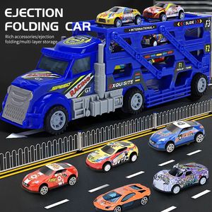 Diecast Model Double Deck Container Truck Transport Ejektion Folding Lagringslegering Simulering Bil Boy Toy 231031