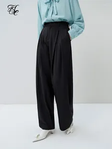 Женские брюки FSLE, осенние широкие женские брюки с высокой талией и полной длиной, плиссированные черные универсальные женские однотонные брюки из твила