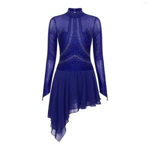 Stage Wear Womens Sparkly Strass Figura Patinação Dança Vestido Dancewear Sheer Malha Ginástica Leotard Ballet Lyrical