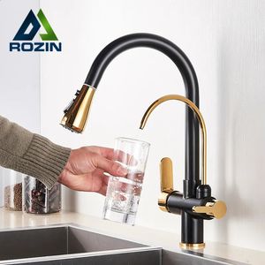 Rubinetti da cucina Gru filtrata nera e dorata per acqua potabile con spruzzatore estraibile Rubinetto con filtro acqua a tre vie Rubinetto freddo 231030