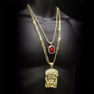 Hip hop Golden Crowned Jesus Head Pendant Jewelry Sets Square Gem Crystal Double Pendants Necklaces Set Cuban chain247l