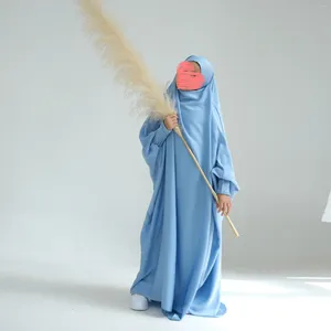Ethnische Kleidung Kinder Jilbab Satin Lange Khimar Mit Kapuze Abaya Islamische Ramadan Eid Muslimische Mädchen Gebetskleider Dubai Türkei Childen Robe
