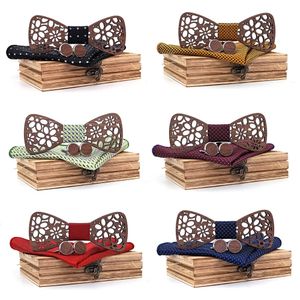 Bow Ties Somesoor Classic Floral Wood Bow Tie Set Men näsduk manschettknappar slips skjorta bowknots för affärsbröllopsfest kostym 231031