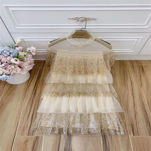 European and American fashion high-end custom imported elastic fine mesh metal sequins shell Zhongshi small fresh and sweet dress2629