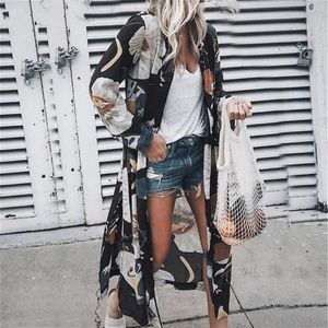 Casual Boho Beach Dress Women Floral Long Sleeve Chiffon Cardigan Brown Dress Kimono Cover Ups Summer Casual Maxi Dresses205m