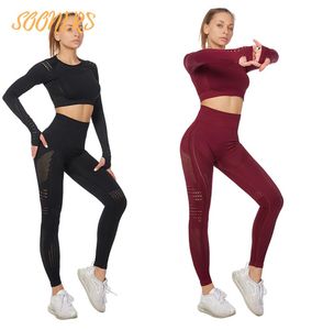 Sooners 322 Vital Women Sport Sport Yoga Set Gym Workout Clothes Long Sleeve Fitness Crop Top High midja Energilös leggings4383842