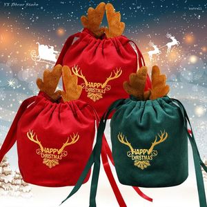 Present Wrap 10/20st Christmas Bags Velvet Drawstring Presents Elk Antlers Reindeer Packing för Xmas Party Favor Wrapping Decor