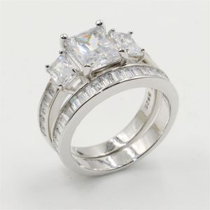 Nowy przybycie trzy kamienne biżuteria mody Pierścienie 925 Srebrna Princess Cut White Topaz Obiecing Wedding Pierścień ślubny 281c