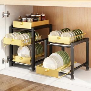 Kitchen Storage Light Luxury Pull-out Dish Rack Drain Household Desktop Sink Tableware Cupboard Black Gold /White