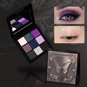 Sombra de olho 9 cores borboleta sombra paleta punk esfumaçado preto roxo brilho fosco brilhante maquiagem de olho pressionado pó cosméticos 231031