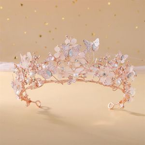 Wedding Hair Jewelry Baroque Rose Gold Crystal Butterfly Pearls Bridal Tiaras Crowns Diadem Headpiece Vine Tiara Accessories 23011217R