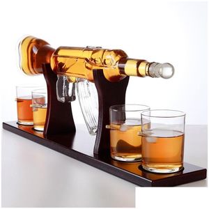 Tumblers 800 مل AK47 شكل بندقية النبيذ الأحمر decanter مجموعة الزجاجة مشروبات واحدة S مع 4 أكواب زجاجية وهدايا عيد الميلاد الخشبية Drop Deli OT1MK