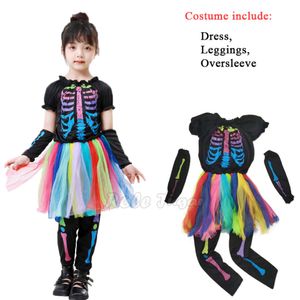 Costumi di Halloween per Gril Arcobaleno Scheletro Spaventoso Strega Vampiro Cosplay Bambini Fancy Dress Leggings Abito di Carnevale con maniche
