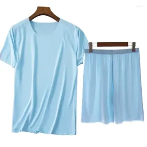 Pigiama da notte da uomo Pigiama da uomo Home Abito maschile Set casual Indumenti da notte Pigiama da notte in seta Abiti da ghiaccio Solid Summer 2 pezzi Pantaloni Pigiama Camicia