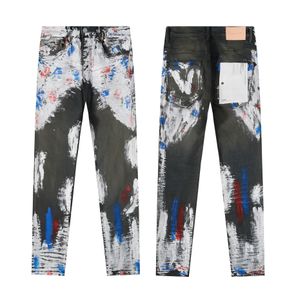 Jeans roxo Mens América clássico bem desgastado VINTAGE DENIM JEANS 33 estilos de cor designer de luxo masculino rasgado pintado à mão graffiti jeans