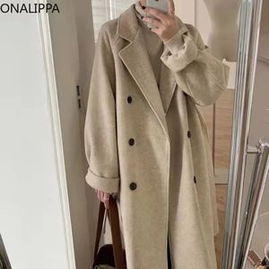 Women's Wool Blends Onalippa Notched Collar Single Breasted Wool Coat for Women Single Breasted Solid Thick Mid-length Trench Korean Loose Coats 231030