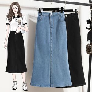 Spódnice prawdziwe półelastyczne talia 2023 Summer elastyczna cienka cienki A-Linia Slit Dżinsowa spódnica Koreańska stylewomenskirt