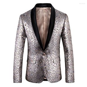 Mäns kostymer Guld ärta kuk mönster jacka jacka män smal passform med black krage bankett blazer hög qaulity masculina 5xl