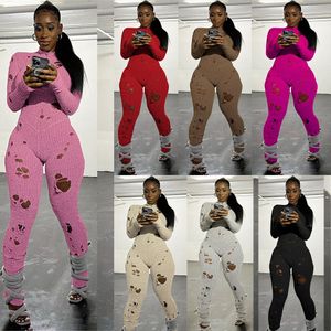 Designer Knitted Jumpsuits Women Fall Winter Ripped Rompers Sexy Bandage Hollow Out Knitting Jumpsuits One Piece Pants Wholesale Clothes 10322