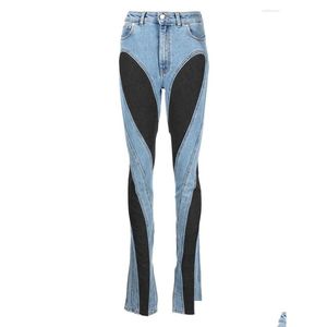 Mulheres Jeans Moda Mulheres Slim Deconstruct Painéis Patchwork Cintura Alta Dividir Azul Longo Denim Calças Outono Gota Entrega Vestuário Cl Dhar7