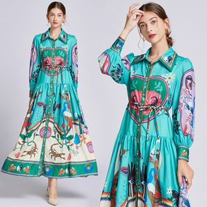 Woman Print Ruffle Blue Maxi Dress French Designer Long Sleeve Lapel Lace Up Waist Casual Button Shirt Dresses 2023 Autumn Winter Runway Vacation Party Ruched Frocks