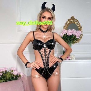 Damen-Overalls 0930 Sexy Anti-Leder-Einteiler-Unterwäsche-Set Erotik-Rollenspiel Mode-Persönlichkeitsanzug mit Kopfschmuck Süßes Cu