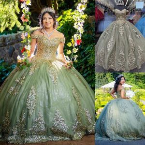 Glitter Tulle Quinceanera Dress 2024 Sage Sequin Applique Charro Mexican Quince Sweet 15/16 Birthday Party Gown for 15th Girl Drama Winter Formal Prom Gala Champagne