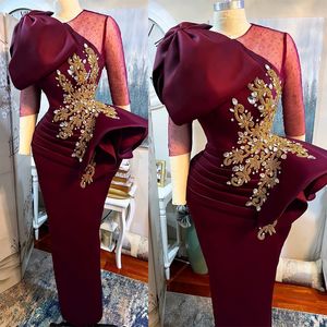 Elegant Wine Red Tulle Satin Prom Dress with 3/4 Sleeves, Beaded Shoulder Bow, and Applique Details