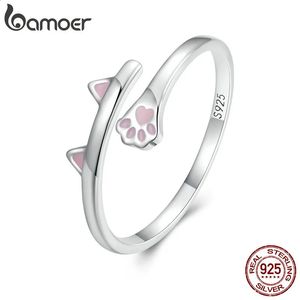 Solitaire Ring 925 Sterling Gümüş Pembe Kedi Kulakları ve Pençe Açılış Sevimli Pet Basit Kadınlar için Ayarlanabilir Doğum Günü Hediyesi BSR316 231030