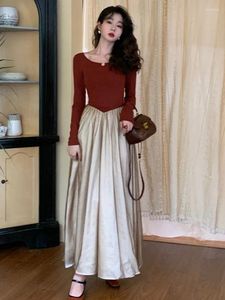 Casual Dresses French Elegant Vintage Ladies Party Dress 2023 Långärmning A Line Fashion Autumn Square Neck Slim Avant-Garde