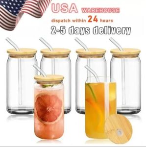 US CA Warehouse 2 Days Delivery 12oz 16oz Sublimation Glass Can Tumbler Frosted Cola Can Bamboo Lid Beer Cocktail Cup Whiskey Coffee Mug Iced Tea Jar B1031