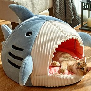 kennels pens Creative Cat Nest Cartoon Shark Shape Big Mouth Thick Cute Animal Warm Rest And Sleep Semi-closed Pet Mini House Cat Supplies 231031