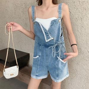 Kadınlar Kot Düzensiz Dantel Dikiş Yan Bandaj Kawaii Denim Tulum Tatlı Harajuku Düğmesi Şort Kore Gotik Tikalı Sevimli Y2K Kısa