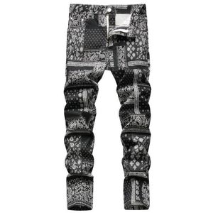 Erkek kot pantolon paisley bandana baskılı moda 3D dijital boyalı streç denim pantolon ince düz siyah pantolon3180