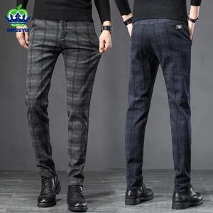 Men's Pants Autumn Winter England Plaid Work Stretch Pants Men Business Fashion Slim Thick Grey Blue Casual Pant Male Brand Trousers 38 231031