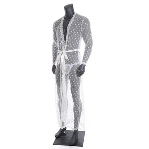 Homens sleepwear sexy longo robe transparente rendas cardigan roupão de uma peça lungewear nightwear com t-back cinto men's2222