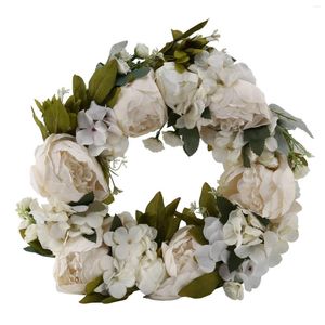 Flores decorativas 16 polegadas peônia hortênsia grinalda flor artificial porta com folhas verdes primavera para frente wedd