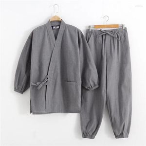 Etniska kläder Enkel traditionell japansk stilklänning och Kimono Men's Long Sleeve Trousers Cotton Home Wear Yukata Solid Color