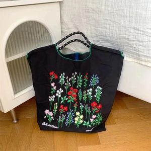 Alışveriş çantaları moda vintage çiçek naylon kumaş el çantası kadınlar için nakış büyük gündelik kapasite tote