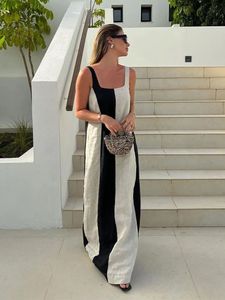 Grundläggande casual klänningar mode svart vit lapptäcke maxi dres ärmlös rygglös fyrkantig hals 2023 Summer Lady Chic Streetwear Robe 231031