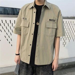 Camicie casual da uomo EBAIHUI Uomo Verde militare Manica corta Lettera Ricamo Camicetta maschile Estate Stile giapponese Safari Blusas Top
