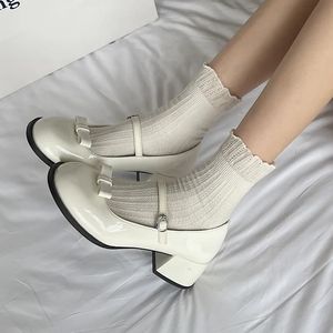 Dress Shoes Lucyever Cute Bowknot White Mary Jane Shoes Women Thick Heels Nude Pumps Woman Japanese Ankle Buckle Lolita Shoes Mujer 231030