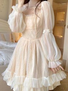 Casual klänningar lolita kawaii prinsessan klänning kvinnor vår sommarlång ärm kort japansk fyrkantig krage ruffles veckade