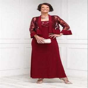 Dark Red Elegant And Pretty Women's Mother Of The Bride Wedding Party Dresses 2 Pcs Woman Gowns With Lace Jacket Plus Size