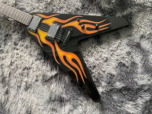 China Electric Guitar Flying V Black Hardware Fire Picture On Body and Neck Mahogny 6 Strings